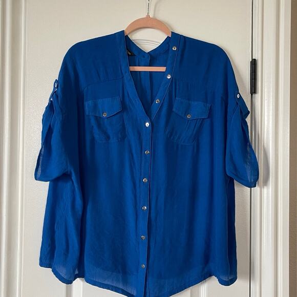 Alfani  Women's Navy Blue Blouse Buttons Front & Back Medium - Picture 1 of 5